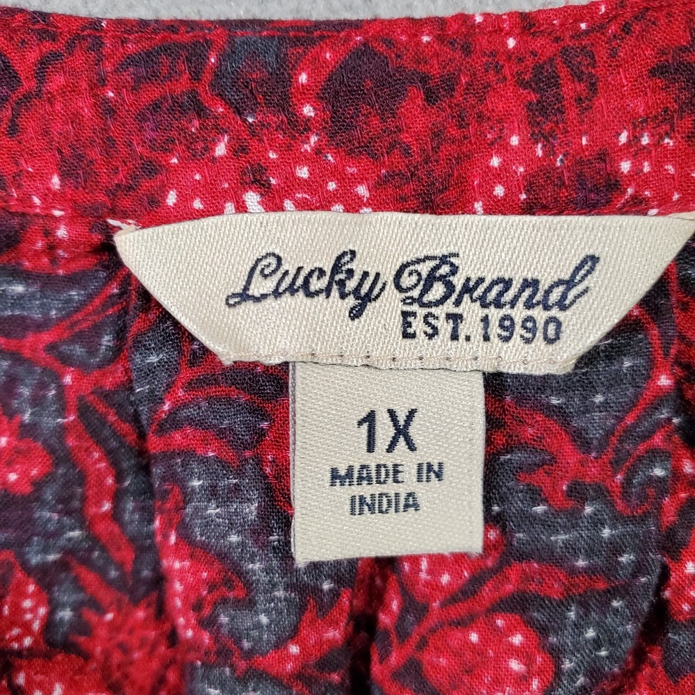 Lucky Brand Blouse Womens 1X Red Black Floral Boho Peasant Goth Cottagecore Folk - Picture 6 of 7
